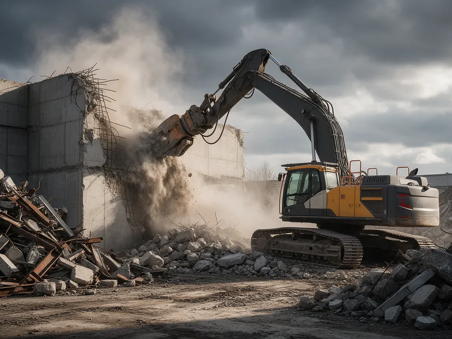 Abbruchbagger mit Pulverisierer beim Rückbau einer Betonwand