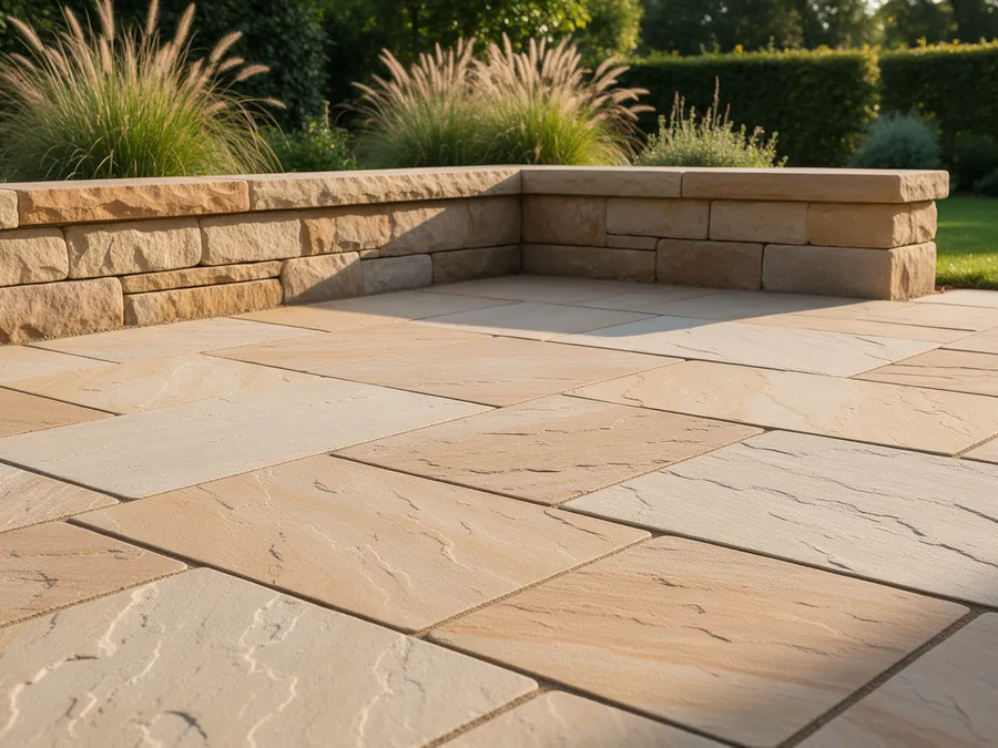 Neu angelegte Gartenanlage mit Natursteinpflaster und Bepflanzung